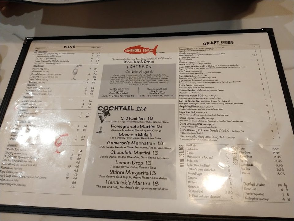 Printed menu featuring chowder, sushi, and grilled entrées.
