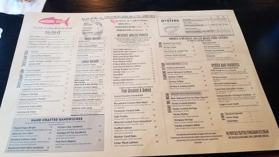 Printed menu featuring chowder, sushi, and grilled entrées.