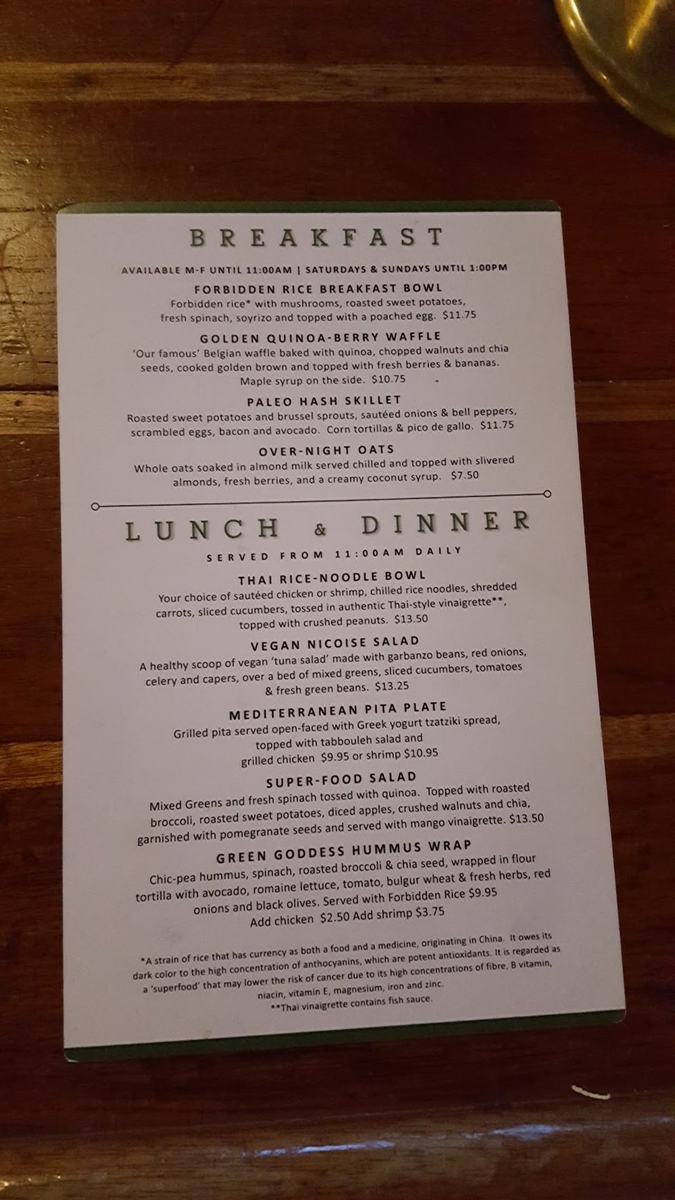 Menu layout showing appetizers, salads, and fish dishes.