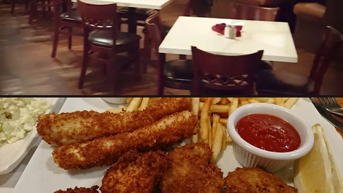 Seafood plates on a restaurant table.